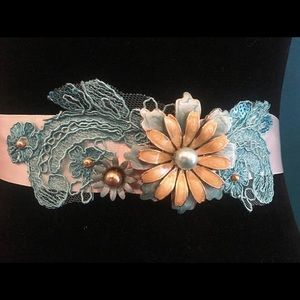 Warm White Satin Sash with Teal Gold Yellow